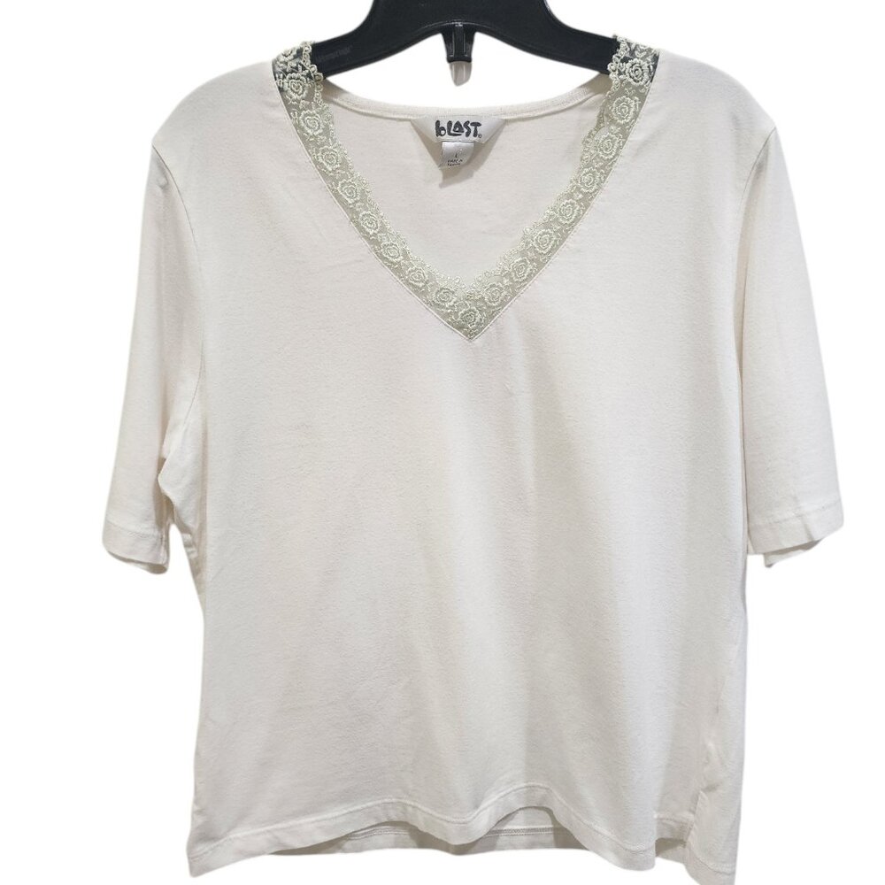 Blast Women's White T-Shirt with Lace V-Neck, Size L, Made in Taiwan